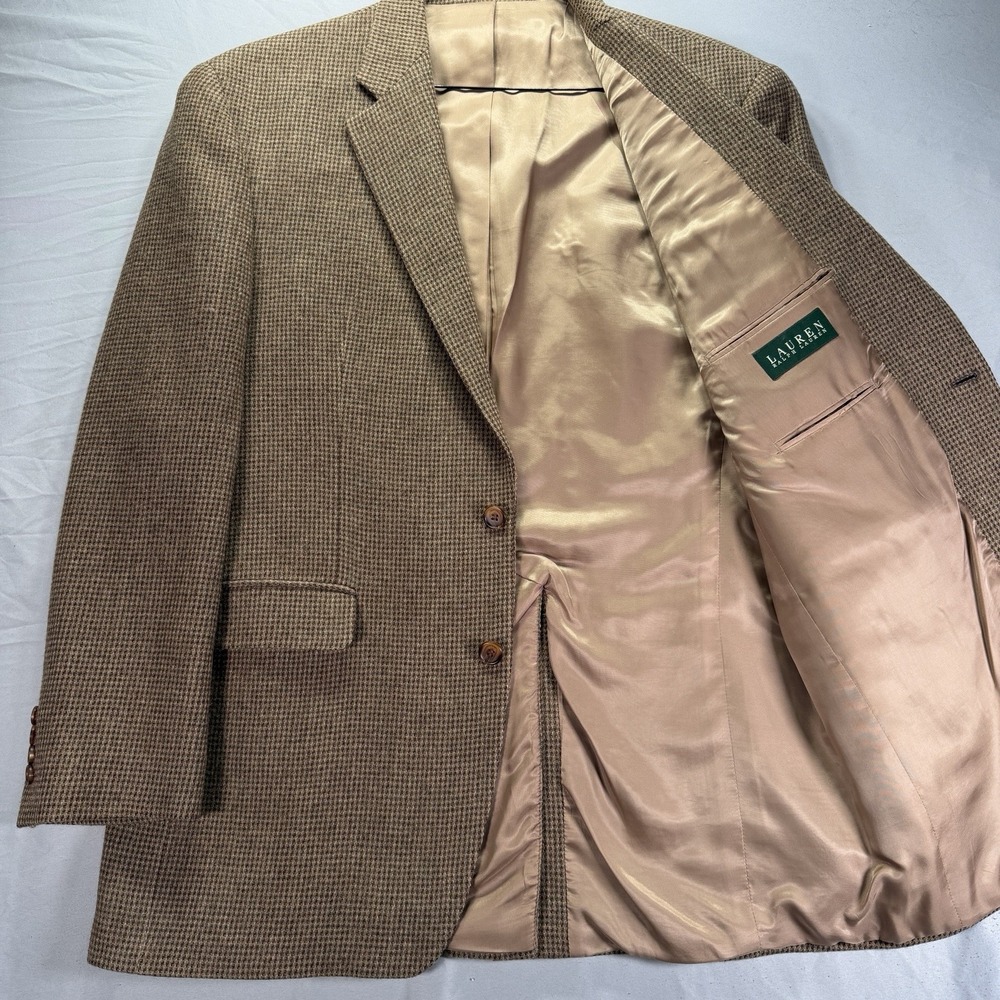 Lauren Ralph Lauren Blazer Mens 42L Two Button Houndstooth Wool Academia Brown